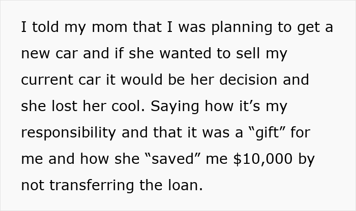Text about teen&rsquo;s first car turning into a debt trap set by mom, leading him to send her a $40k loan repayment.