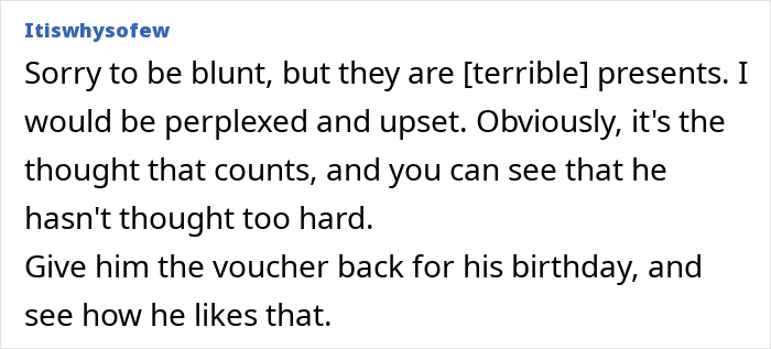 Commenter shares opinion on husband's abhorrent gifts, highlighting feelings of being ungrateful and community agreement.