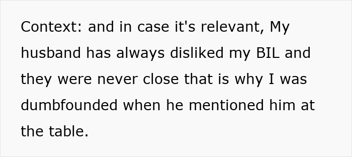 Text on a white background discussing a husband disliking his brother-in-law and mentioning him at the Thanksgiving table. Text on a white background discussing a husband disliking his brother-in-law and mentioning him at the Thanksgiving table.