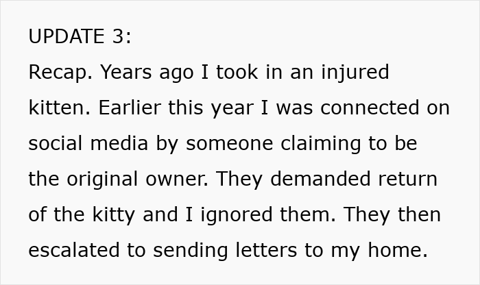 Alt text: Text update about a lost cat survivor whose scammy owner demanded him back years later via social media and letters. Alt text: Text update about a lost cat survivor whose scammy owner demanded him back years later via social media and letters.