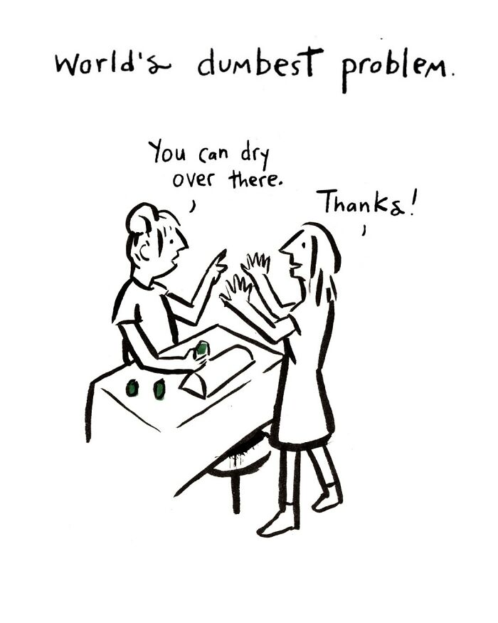 Black and white comic by Dana Jeri Maier showing a person frustrated with nail polish color during a manicure.