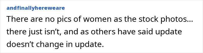 Screenshot of an online comment discussing lack of stock photos of women for a casual BF situation article.