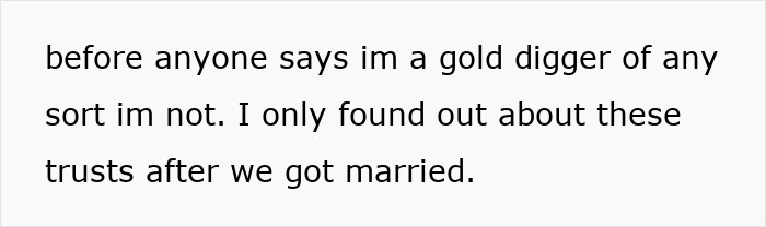 Text image showing a message about a mom upset with her husband over secret funds discovered after marriage.