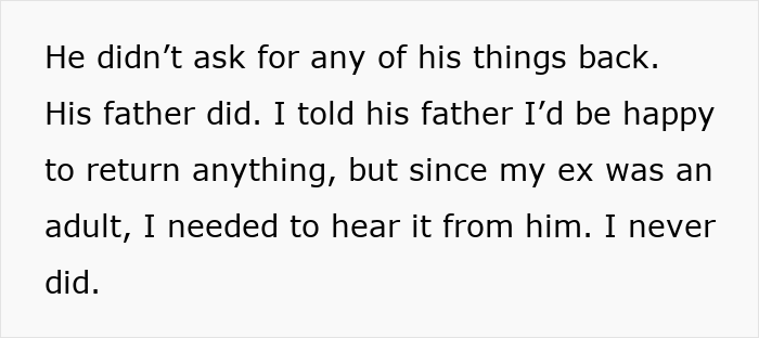 Text quote on white background about ex's father returning belongings after man breaks off engagement