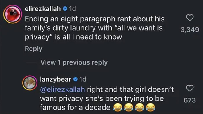 Instagram comments showing a public argument involving the sister of Nicola Peltz's ex after Brooklyn Beckham's rant.