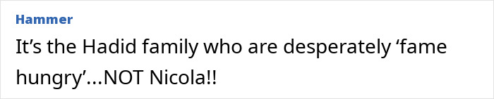 Comment text on a white background discussing the Hadid family and Nicola Peltz in a social media style format. Comment text on a white background discussing the Hadid family and Nicola Peltz in a social media style format.