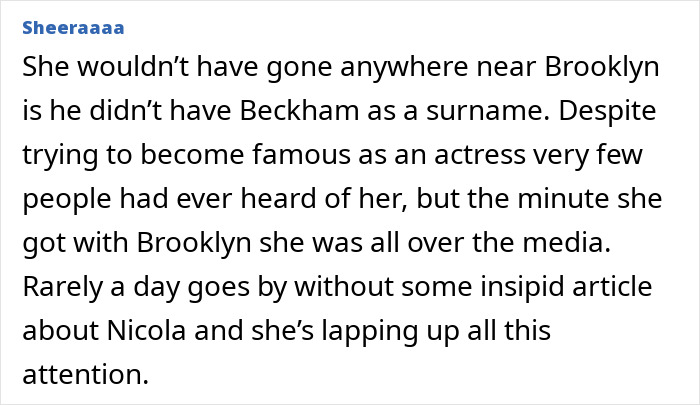 Alt text: Online comment about sister of Nicola Peltz’s ex taking a vicious swipe after Brooklyn Beckham’s scathing rant. Alt text: Online comment about sister of Nicola Peltz’s ex taking a vicious swipe after Brooklyn Beckham’s scathing rant.