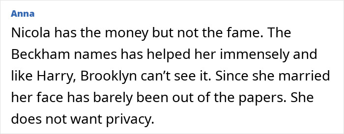 Comment discussing Nicola Peltz, Brooklyn Beckham, and the impact of Beckham family fame on her privacy.