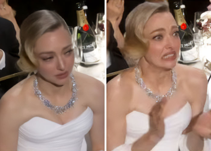 Actress in a white dress showing awkward facial expressions at the 2026 Golden Globes event with champagne bottles in the background.