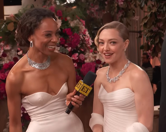 Amanda Seyfried reacting to double loss at the Golden Globes during a red carpet interview with Entertainment Tonight.
