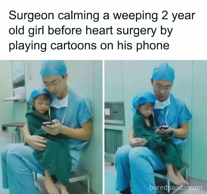 Amazing photos: surgeon in scrubs comforting a young girl on his lap, playing cartoons on his phone before surgery
