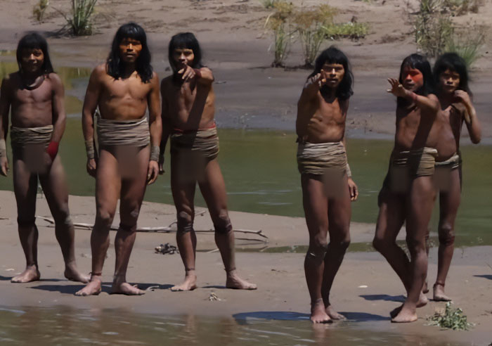 Uncontacted Amazonian tribe standing by riverbank, wearing traditional attire, showcasing rare footage in remote jungle area.