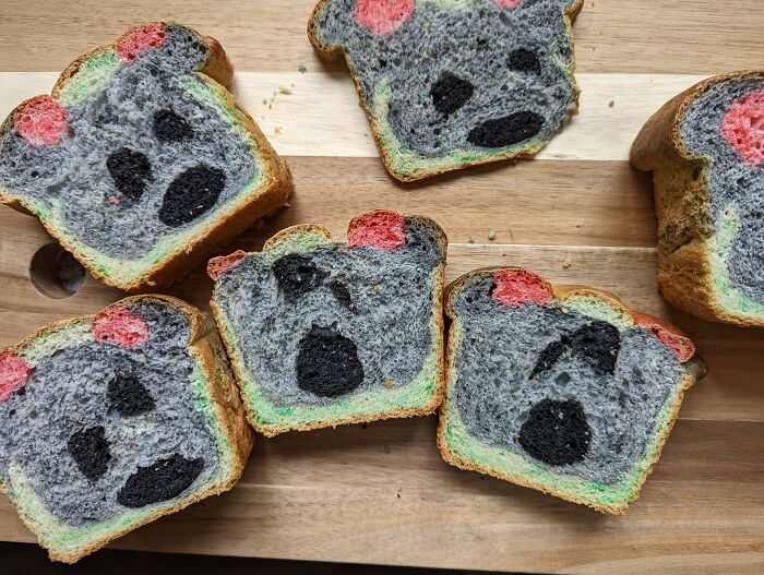 Slices of bear-shaped bread with uneven coloring, showcasing a funny example of ruining dessert in unexpected ways.