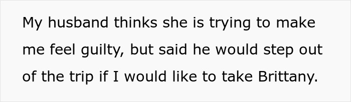 Text excerpt showing a woman’s husband offering to step out of a romantic getaway so she can take her friend Brittany instead. Text excerpt showing a woman’s husband offering to step out of a romantic getaway so she can take her friend Brittany instead.