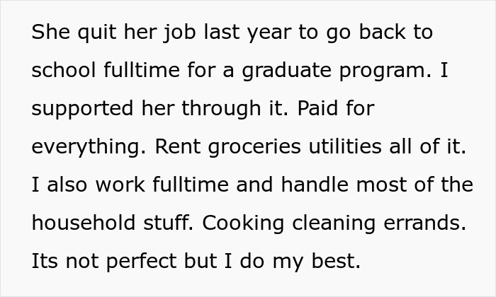 Text describing a supportive ex-house drama relationship managing finances, chores, and full-time responsibilities together.