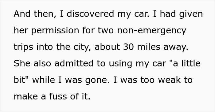 Text excerpt showing a woman discovering her car was driven without permission during surgery recovery.