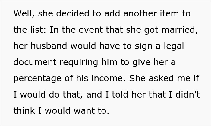 Text explaining a woman forcing her boyfriend to sign a contract giving her a share of his income legally.