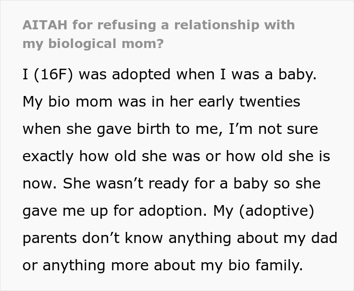 Alt text:
Teen refuses relationship with bio mom who appears 16 years later, feeling hurt over not being backup plan.
