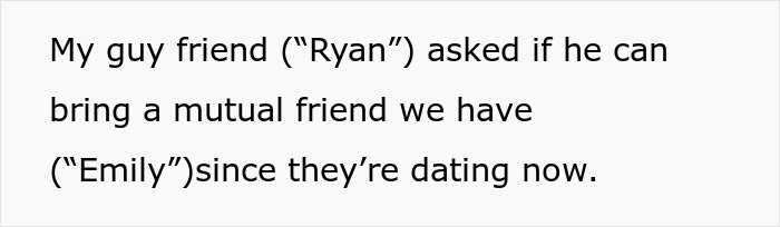 Text on a white background about a guy friend asking to bring a mutual friend due to dating, related to food allergy restrictions at a party.