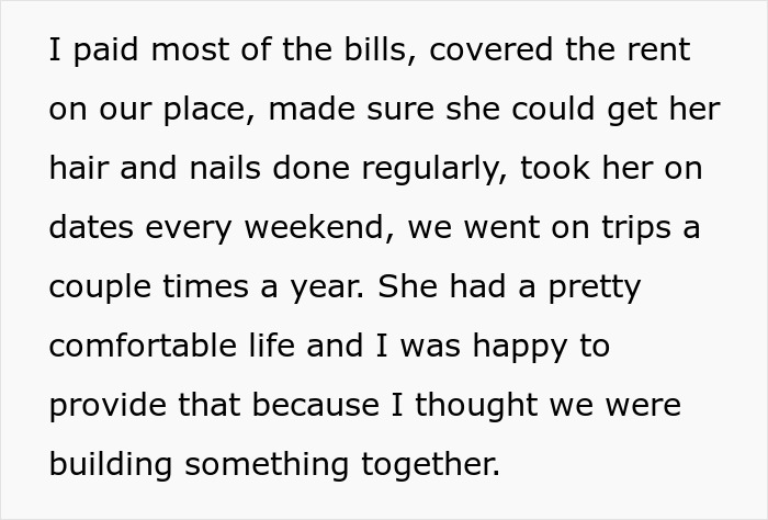Text describing a man paying bills and supporting an unemployed woman&rsquo;s lifestyle while building their relationship.