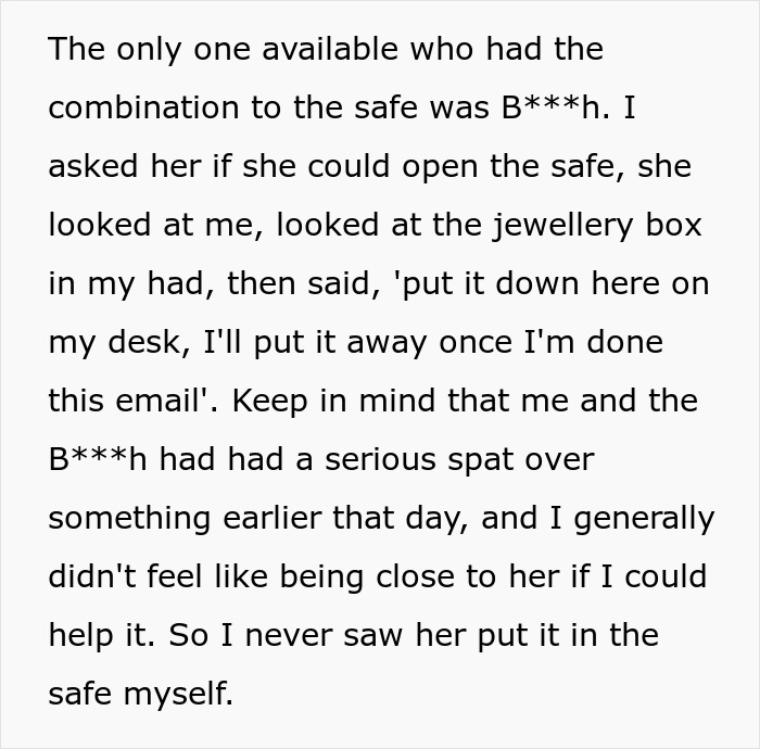 Text excerpt showing a tense coworker interaction highlighting conflict and revenge related to being fired years prior.