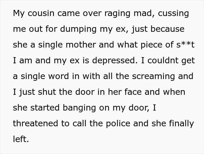Text excerpt describing a man’s conflict after dumping his girlfriend who is a single mother and the ensuing family drama. Text excerpt describing a man’s conflict after dumping his girlfriend who is a single mother and the ensuing family drama.