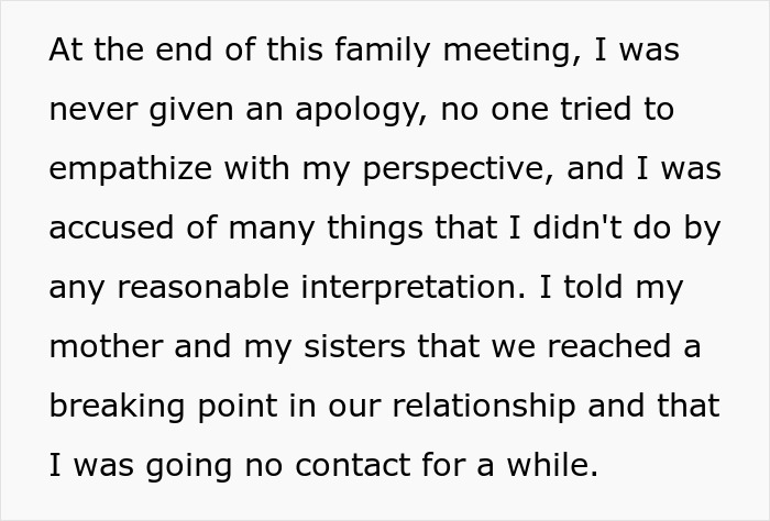 Text excerpt from family meeting where guy explains reaching a breaking point and plans no contact with family. Text excerpt from family meeting where guy explains reaching a breaking point and plans no contact with family.