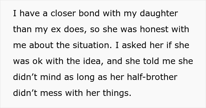 Text excerpt from a dad explaining his closer bond with his daughter and her acceptance of gifts over her half-brother.