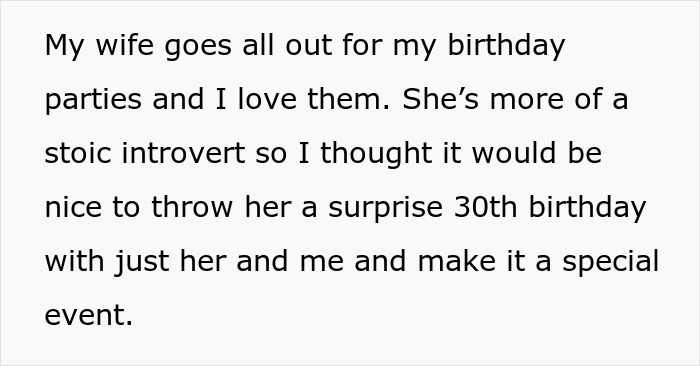 Wife mopes at b-day party shown as black text excerpt on white background about a surprise 30th birthday
