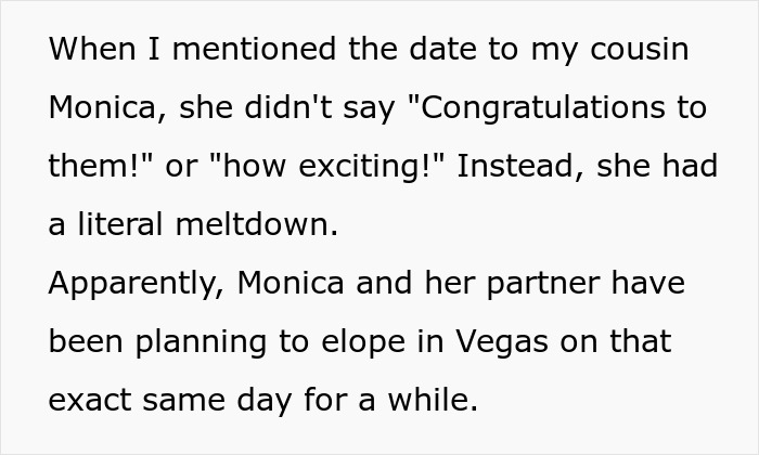 Text excerpt about a cousin's wedding date conflict causing a family war over ownership of the date. Text excerpt about a cousin's wedding date conflict causing a family war over ownership of the date.