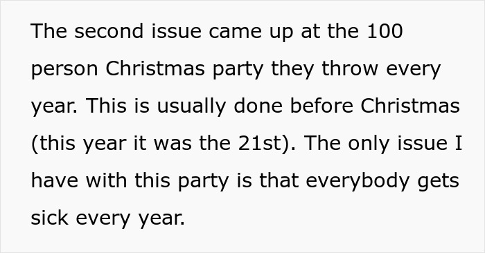 Text excerpt discussing a yearly Christmas party where in-laws refuse to take grandchild safety seriously and get banned. Text excerpt discussing a yearly Christmas party where in-laws refuse to take grandchild safety seriously and get banned.