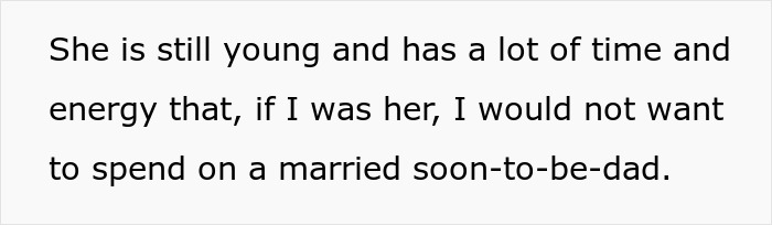 Text on a white background discussing concerns about a young woman not wanting to spend time with a married soon-to-be dad.