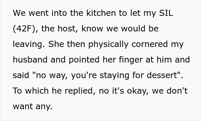 Host SIL holds couple hostage at dinner, threatening to destroy their car with food if they try to leave early. Host SIL holds couple hostage at dinner, threatening to destroy their car with food if they try to leave early.