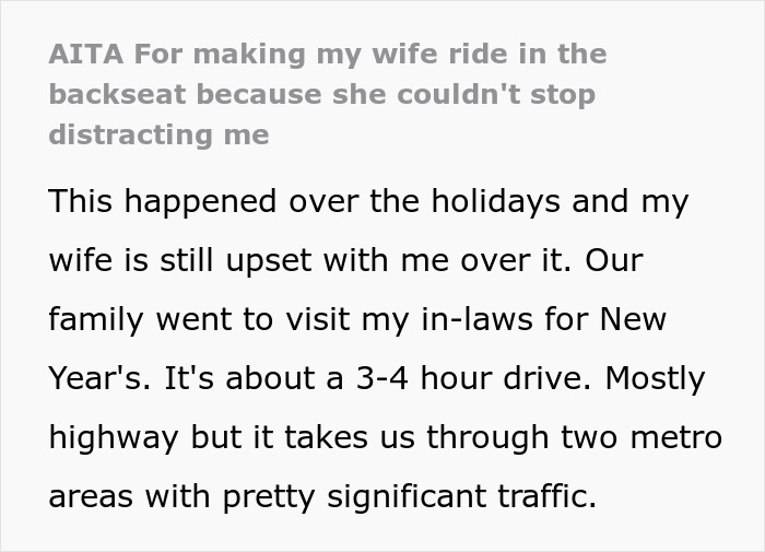 Husband bans wife from front seat after anxiety meltdown causes dangerous driving distraction.