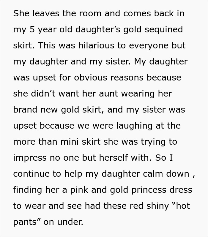 Woman stealing 5-year-old niece’s gold sequined skirt causes upset as aunt tries to wear it and lie about it. Woman stealing 5-year-old niece’s gold sequined skirt causes upset as aunt tries to wear it and lie about it.