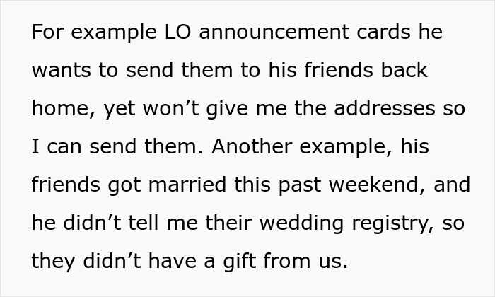 Text excerpt showing frustration over man-child hubby's refusal to cooperate with working wife managing tasks and social obligations.