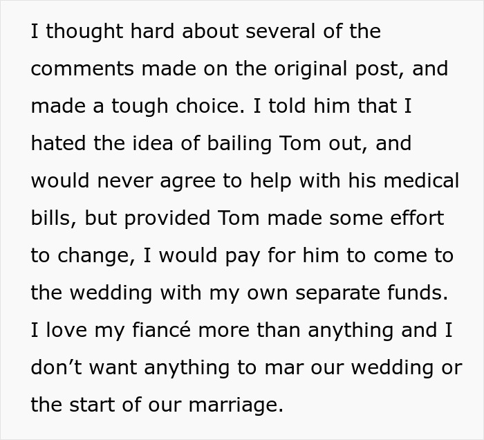 Text excerpt about fiance wedding and friend money negotiations expressing limits on financial help and separate funds for wedding attendance.