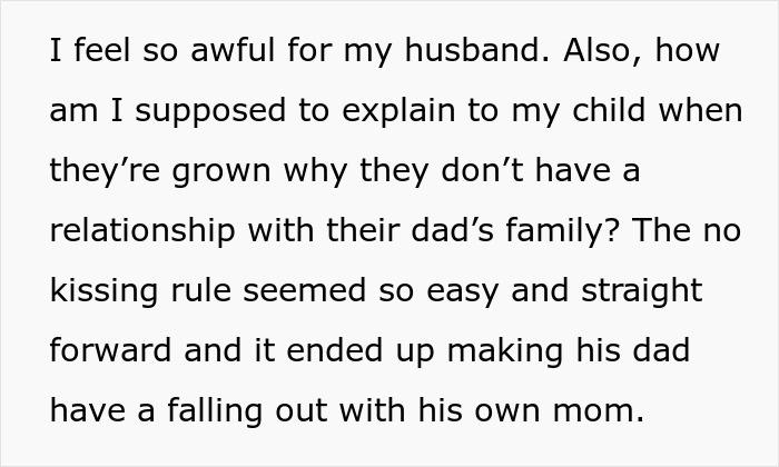 Text excerpt expressing concern about family relationships and the impact of a no kissing rule on a newborn and family dynamics.