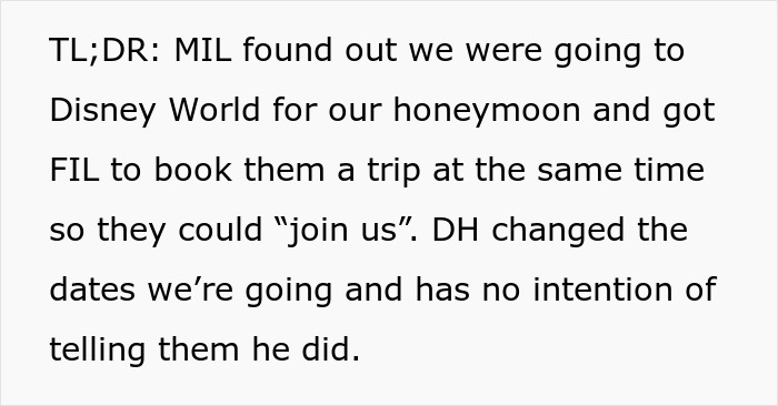 Couple surprised by husband&rsquo;s parents coming on honeymoon, unsure about the unexpected trip change and family joining plans.