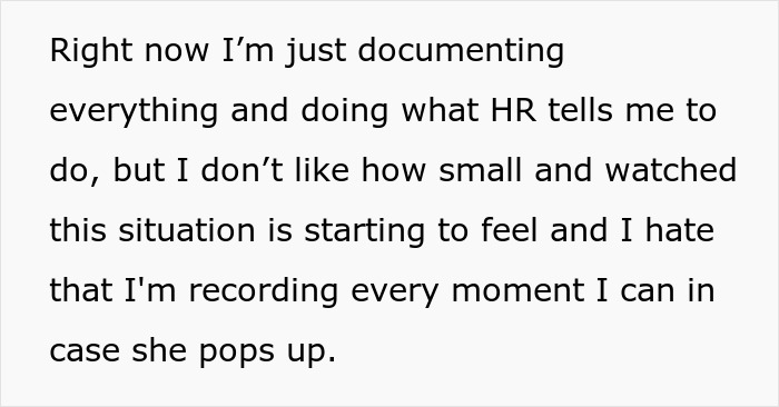 Text about documenting and recording every moment to prove coworker is not actually disabled after work.