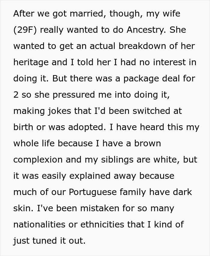 Man with brown complexion pressured by wife to do ancestry test, discovering unexpected family heritage and ethnicities. Man with brown complexion pressured by wife to do ancestry test, discovering unexpected family heritage and ethnicities.