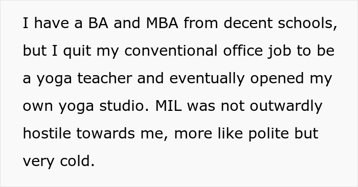 Text excerpt about a woman quitting her office job to become a yoga teacher and opening her own yoga studio.