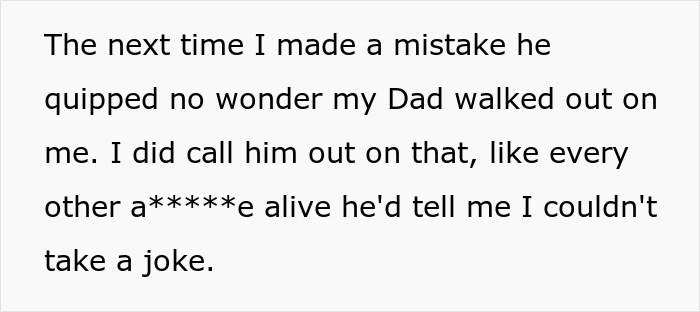 Screenshot of text about a workplace bully making a hurtful quip and the person calling him out on it.