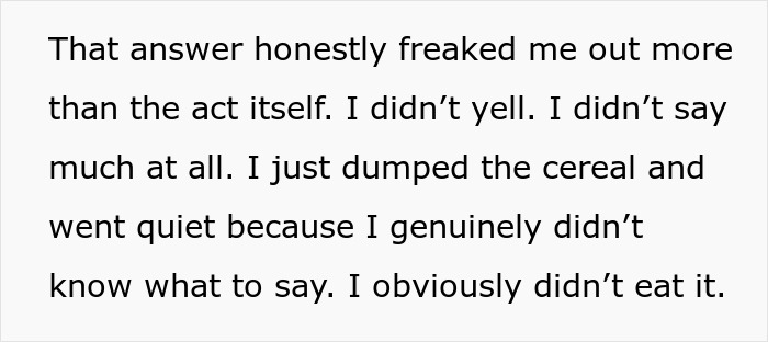 Text of a guy horrified after witnessing his girlfriend spitting in his food, describing his reaction and silence.