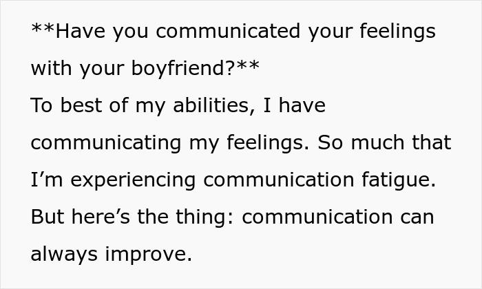 Text discussing communication struggles between a woman and her boyfriend feeling emasculated when she fixes things. Text discussing communication struggles between a woman and her boyfriend feeling emasculated when she fixes things.