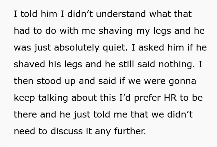 Text excerpt showing a woman confronting her boss about unshaven legs and hygiene problems at work. Text excerpt showing a woman confronting her boss about unshaven legs and hygiene problems at work.