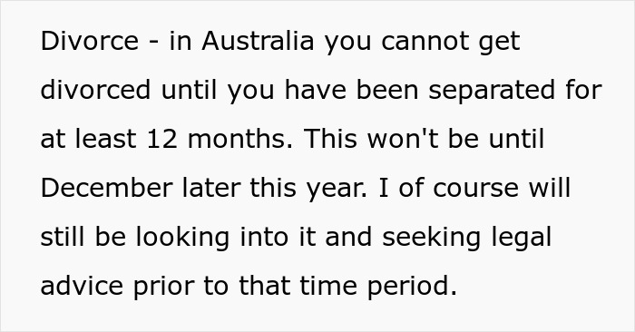 Text about divorce process in Australia, highlighting separation period and seeking legal advice on co-parenting concerns.