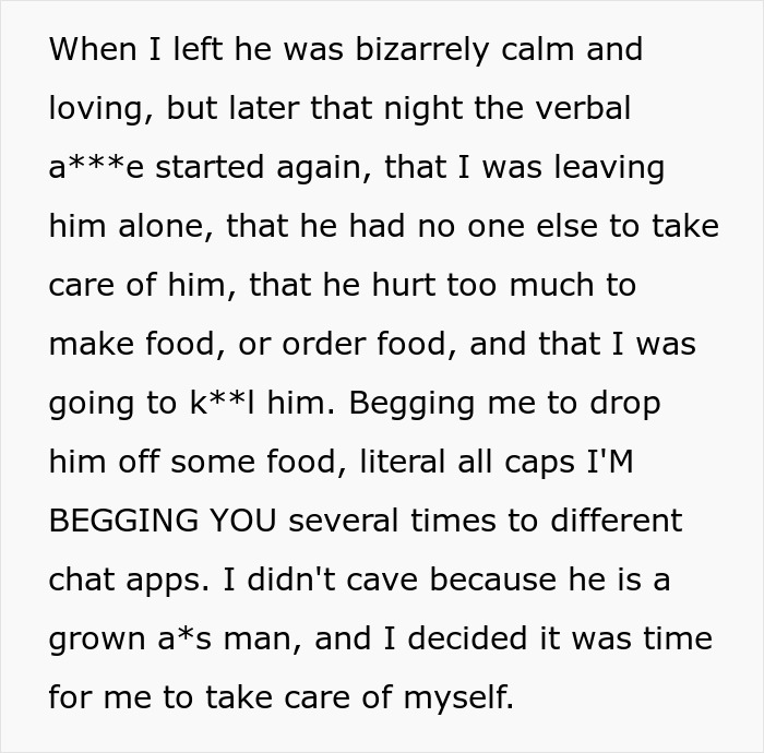 Text excerpt showing a wife's decision to live life like her husband while he becomes upset and begs for help.