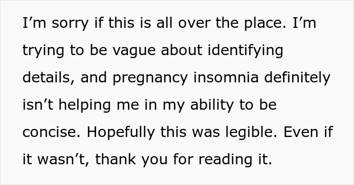 Text message expressing apology for vagueness due to pregnancy insomnia, seeking understanding from the reader.