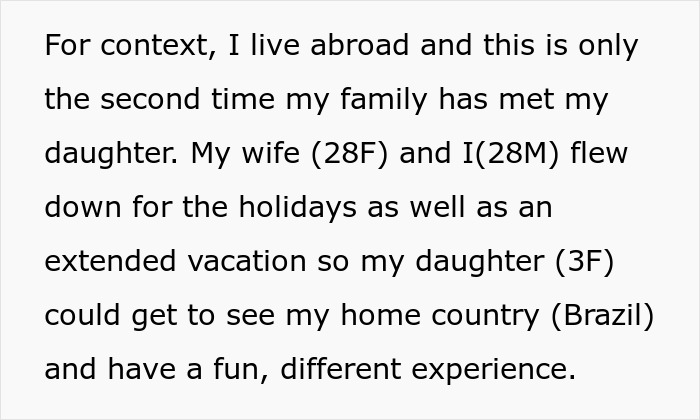 Text excerpt describing a family trip abroad for a 3-year-old daughter to visit her grandparents and home country.